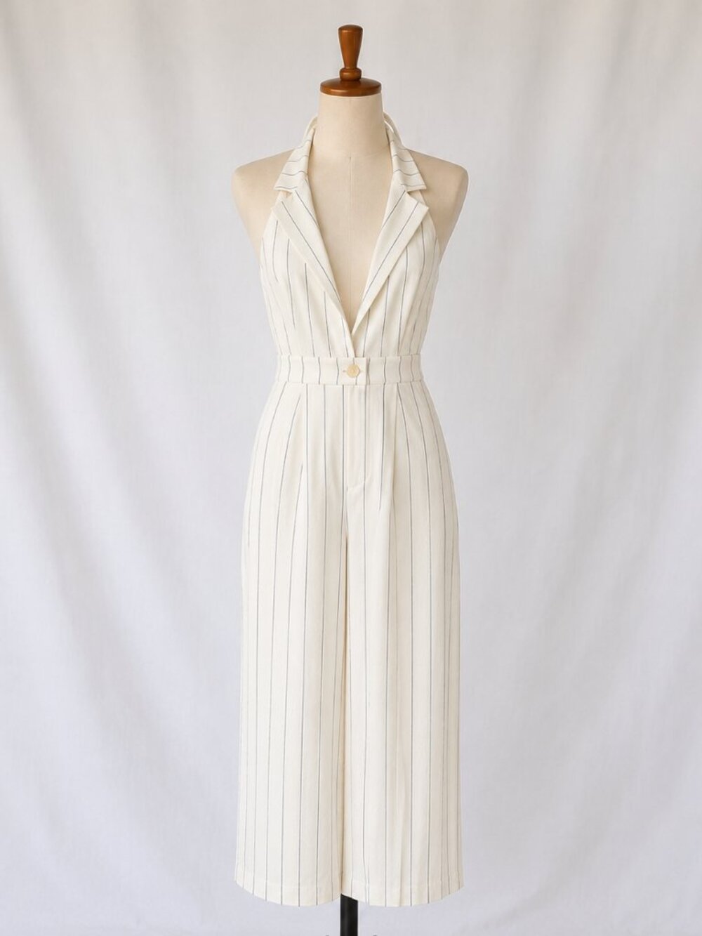 VICI Medium Halter Maxi Dress Ivory Black Pinstripe Linen Blend Fully Lined